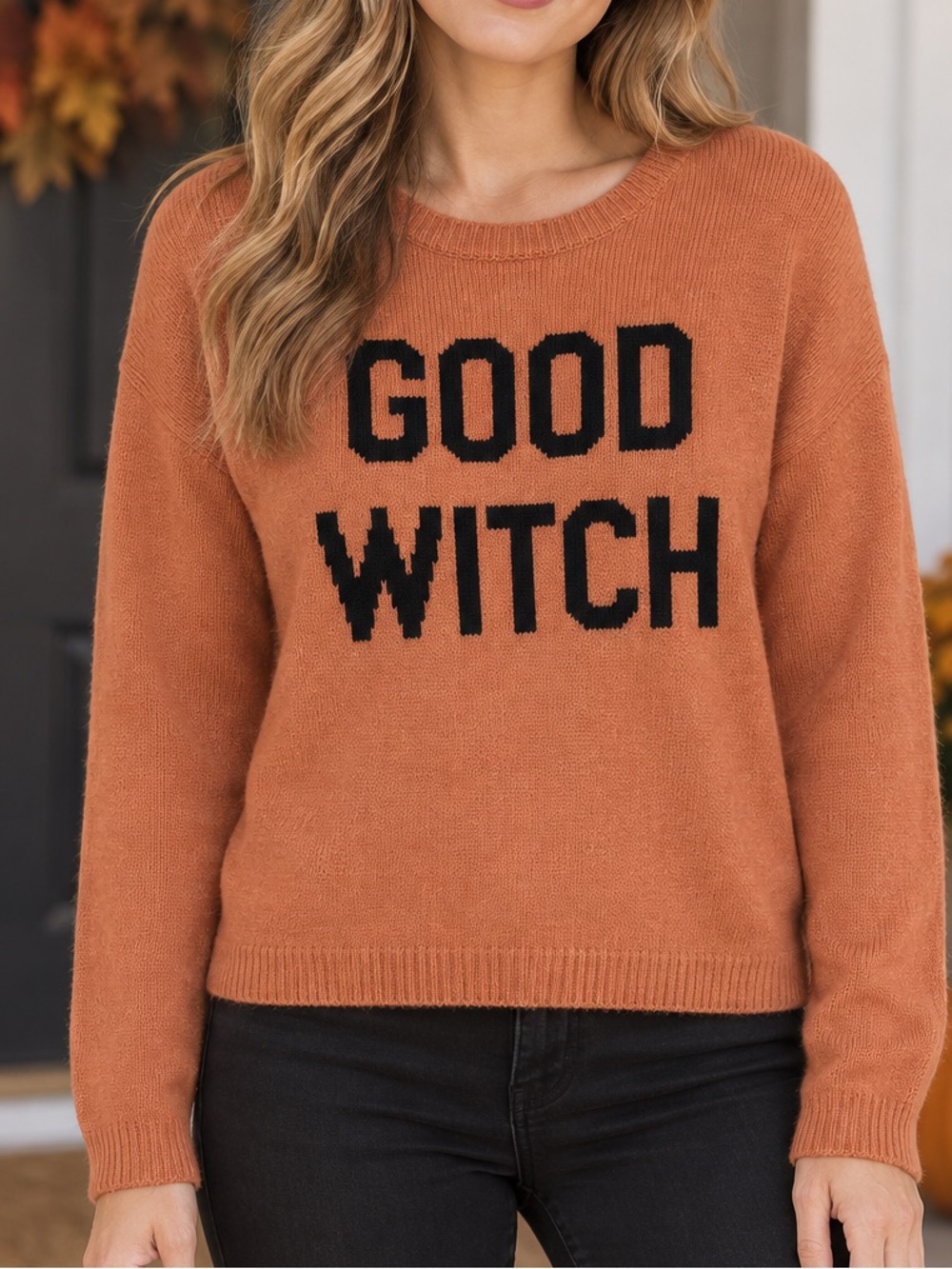 State of Mine Good Witch Sweater Small Orange Black Halloween Fall Knit